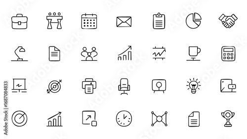 Modern outline icon set for business, finance, and office management concepts. Collection of simple vector symbols for web design