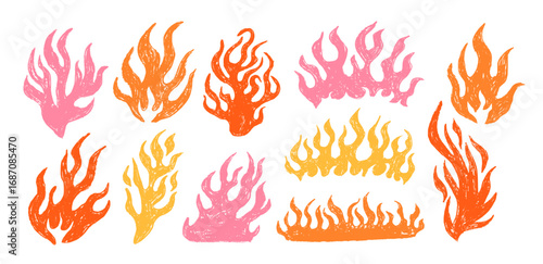 Set orange drawings flames in outline sketch style. Punk hand drawn textured fire and flammable fireball