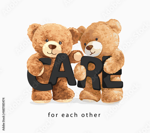 bear doll couple holding care slogan vector illustration - drawn by hand