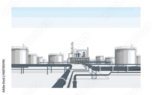 Industrial Landscape: Illustration of a Petrochemical Plant with Storage Tanks and Pipeline System for Energy, Gas, and Oil Production and Transportation, Clean Minimalist Design