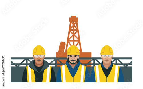 Team of Oil Rig Workers with Safety Gear and Oil Derrick in Background, showcasing teamwork, safety, and expertise in the oil industry