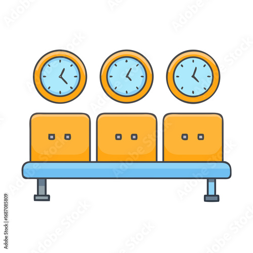 Airport Terminal Waiting Area with Time Zone Clocks and Bench Icon Vector
