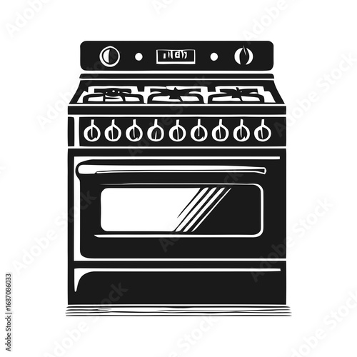 Vector illustration of an isolated kitchen stove with a black steel oven and gas burners, a modern home cooking appliance
