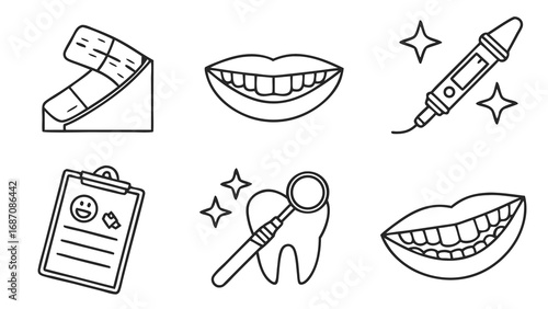 Dental care icons set, teeth whitening, checkup, smile.