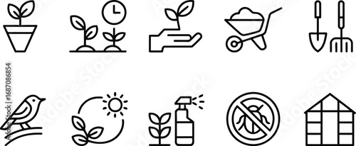 A Collection of Gardening and Plant Care Icons Depicting Growth Tools and Protection Methods for Cultivating a Thriving Garden Space