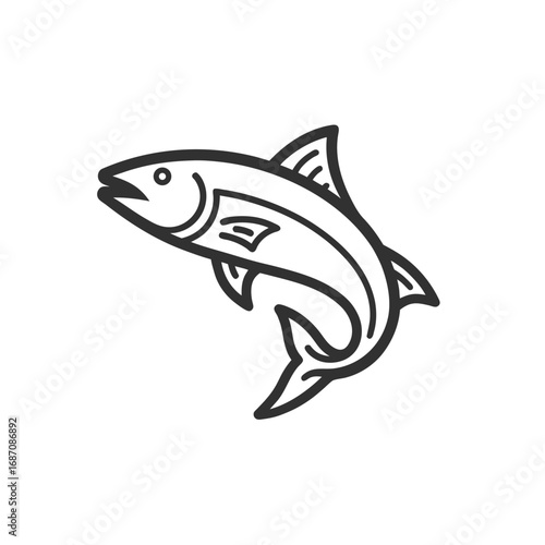 Minimalist Line Art of Leaping Fish – Black and White Marine Illustration with Streamlined Body and Forked Tail