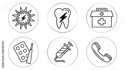 Medical icons set pain tooth first aid kit.