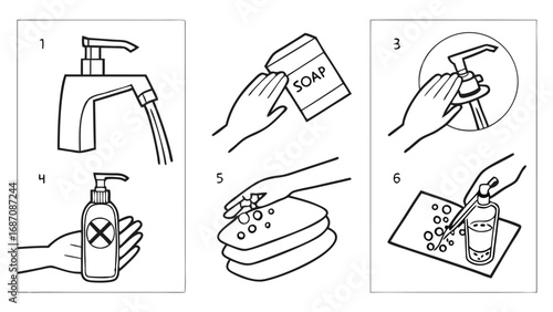 Step by step illustration of hand washing process with soap and water.