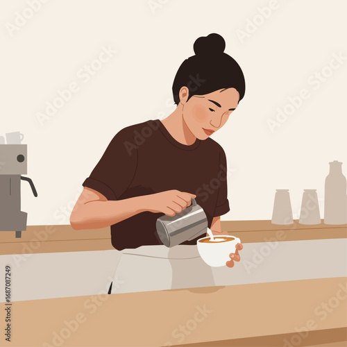 Woman barista pouring milk into a coffee cup, creating latte art in a cafe