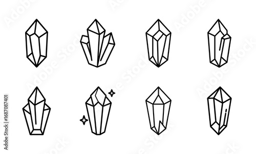 Set of Crystal and Gemstone Line Art Icons Representing Minerals, Quartz, Precious Stones and Geometric Crystal Shapes in Minimal Outline Style