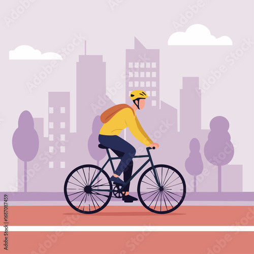 Man with a helmet rides a bicycle on a bike path against a city skyline background. Vector illustration of an active urban lifestyle and eco-friendly transport