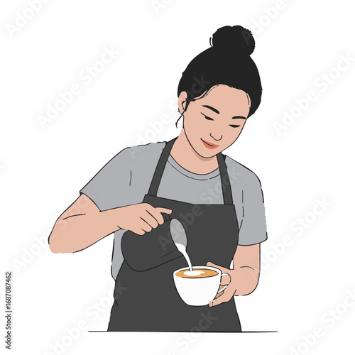 A hand-drawn illustration of a professional female barista passionately crafting a cup of coffee, showcasing the dedication of a small business owner