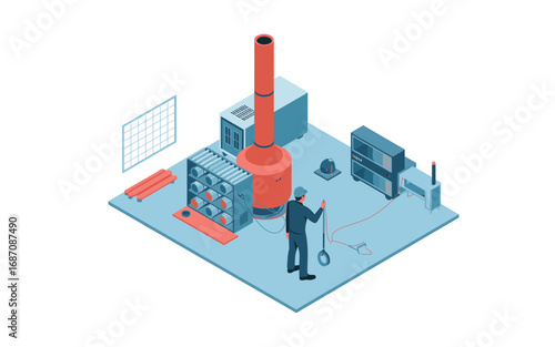 Isometric View of Industrial Plant Technician Inspecting Equipment with Red Chimney and Blue Machinery for Facility Maintenance and Safety Checks in Minimalist Style