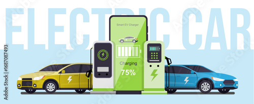 Electric cars charging at smart EV station with digital display showing 75% battery, symbolizing clean energy, eco friendly transport, and sustainable mobility.