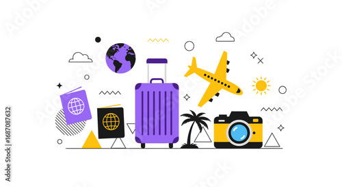 Vibrant travel essentials artwork: passport, luggage, camera, airplane, world