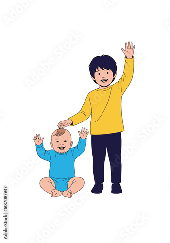 Cheerful siblings joyfully wave hello together, perfect for family content and heartwarming childhood moments