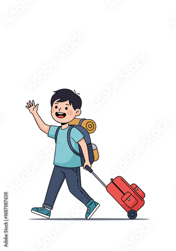 Cheerful young traveler waving hello with backpack and luggage ready for exciting adventures abroad