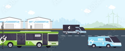 Electric bus, van, and truck on urban road with factory and wind turbines in background, symbolizing eco friendly mobility and renewable energy transport.