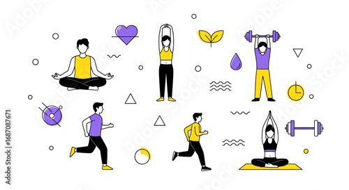 Diverse workout routines with minimalist design conveying healthy active