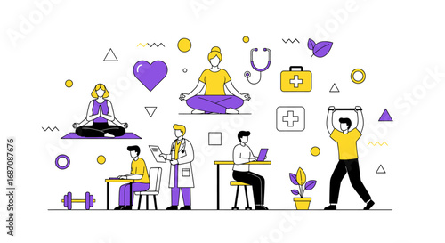 Holistic wellness illustration showcasing diverse activities for healthy life