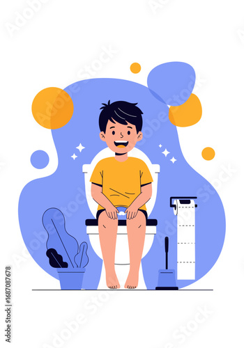 Happy little boy sitting on toilet with toilet paper roll for educational health awareness