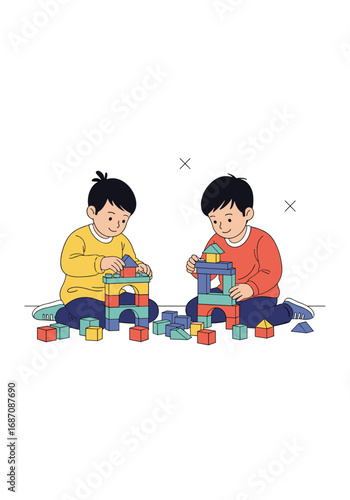Two young boys joyfully building towers together with colorful blocks during playtime fun indoors