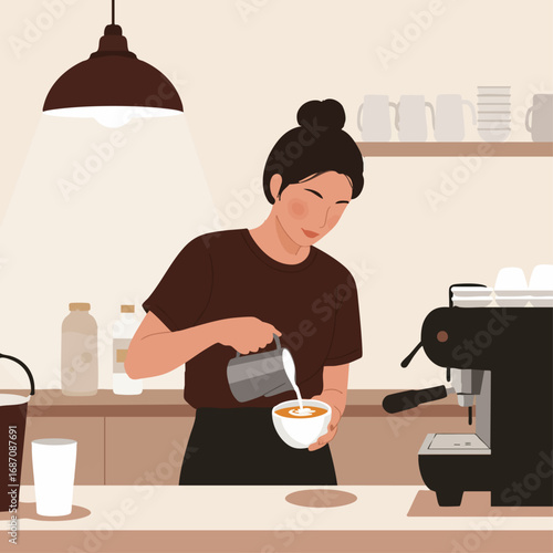 Barista crafting a latte Coffee shop scene illustration