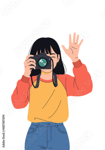 Capture amazing moments with a charming young photographer waving hello, perfect for lifestyle and travel content