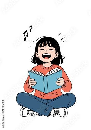 Cheerful young girl reading with a bright smile and music notes floating above her head having fun