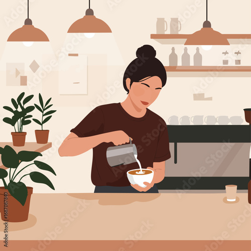 Young female barista with a hair bun carefully pouring steamed milk to create latte art in a modern, cozy coffee shop interior