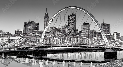 Newcastle upon Tyne skyline with the Tyne Bridge and Millennium Bridge. A hand-drawn black and white sketch of the UK city's waterfront.