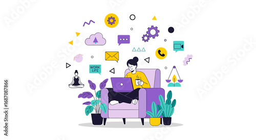Woman working remotely from home with icons, modern graphic illustration