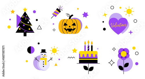 Celebrations and Festivities: An Assemblage of Holiday Icons in Vivid Colors