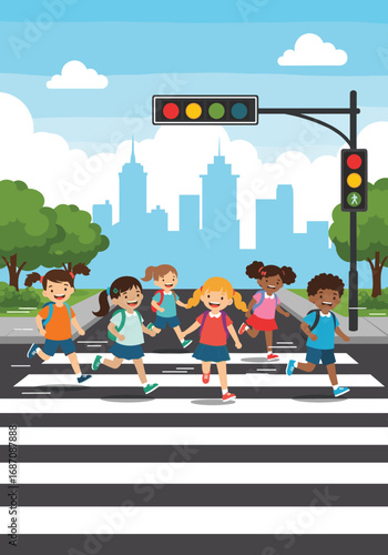 Happy children safely crossing the street at the crosswalk, teaching safety rules for kids