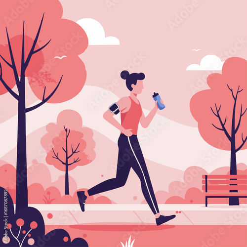 A stylized vector illustration of an active woman jogging in a picturesque park, maintaining a healthy lifestyle through daily exercise