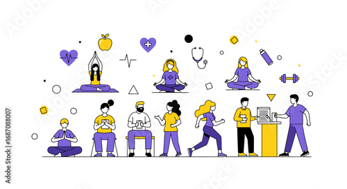 Diverse wellness practices embracing yoga, mindfulness, and physical exercise