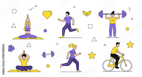 Diverse fitness activities promoting wellbeing and healthy habits illustration