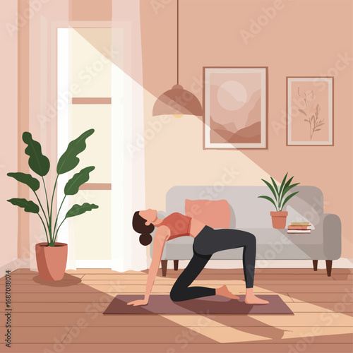 Woman gracefully practicing yoga in a sun-drenched, tranquil home setting, embracing a mindful wellness routine for improved flexibility and inner peace in a cozy, modern living space
