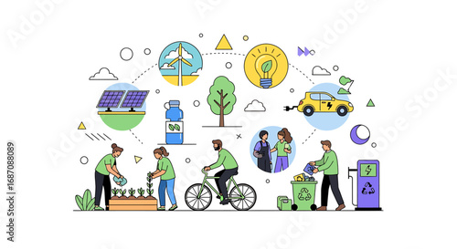 Sustainable living and environmental protection concept illustration outline