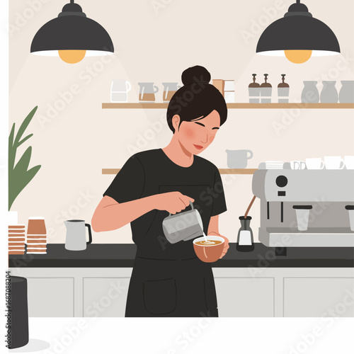 Skilled female barista meticulously crafting a delicious coffee beverage in a cozy, modern cafe environment, showcasing expert pouring technique for a perfect morning drink