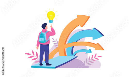 Illustration of person at crossroads holding glowing light bulb, symbolizing decision-making, insight, and choosing life or career paths