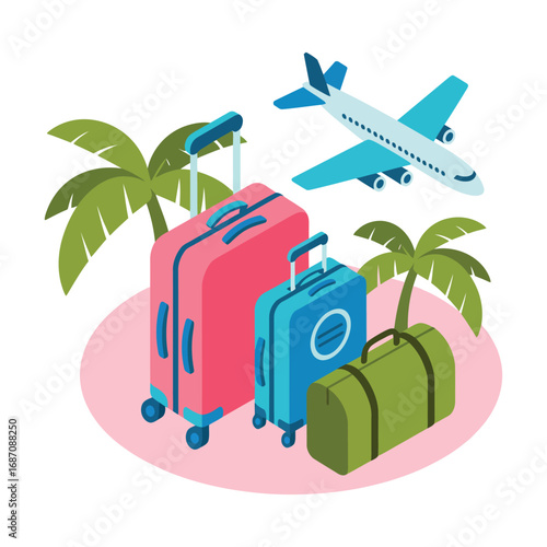 Illustration of colorful luggage, palm trees, and airplane in flight, symbolizing tropical travel, vacation planning, and tourism