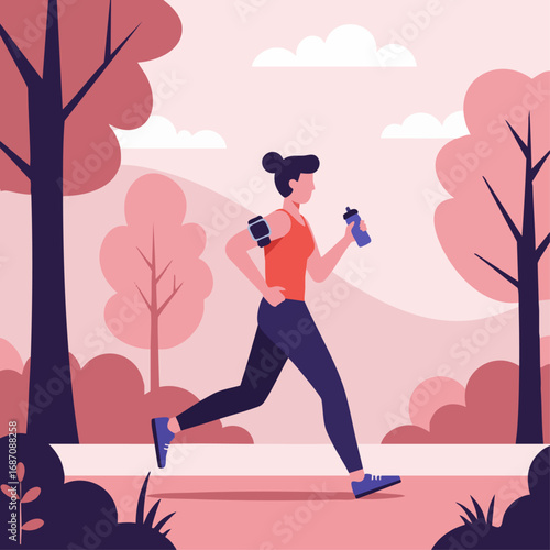 Illustration of a woman enjoying a morning run in the park, promoting a healthy and active lifestyle with outdoor fitness and cardio