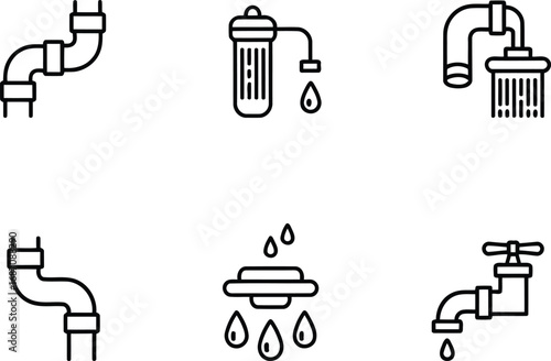 Diverse Plumbing Fixtures and Components Artistic Line Art Depiction Plumbing Systems Illustrating Various Water Management Solutions and Installations Conceptual Design