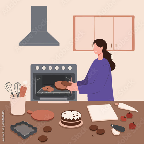 The joy of homemade baking A cheerful woman takes a fresh cake out of the oven in a cozy kitchen filled with delicious treats and pastries
