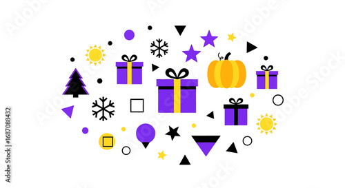 Festive graphic arrangement depicting holidays and seasonal celebrations