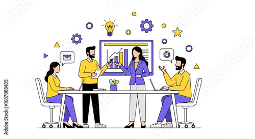 Illustrative business meeting with graphical chart, bulb, gears and symbols