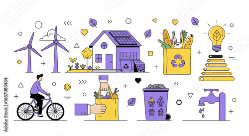Eco-friendly lifestyle promotion with clean energy and responsible consumption