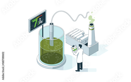 Isometric Illustration of a Scientist Analyzing Wastewater pH Levels in a Laboratory Setting Near a Power Plant to Improve Sustainability
