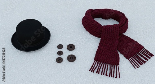Snowman kit Black hat red scarf and brown buttons are arranged on a white snowy surface